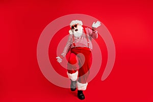 Full length body size view of his he nice handsome attractive cheerful cheery Santa father dancing having fun