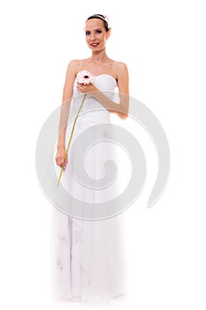 Full length bride in white wedding gown isolated