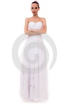 Full length bride in white wedding gown isolated