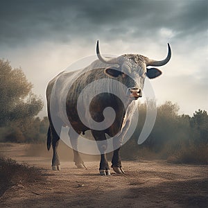 Full length bull in the meadow. Dramatic scene. Toned