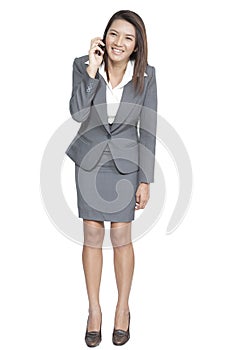 Full length of businesswoman attractive standing enjoy talking o