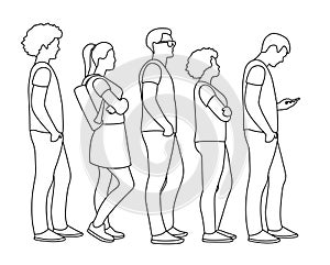 Full length of cartoon people standing in line outline