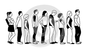 Full length of cartoon people standing in line outline