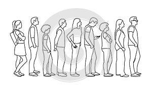 Full length of cartoon people standing in line outline