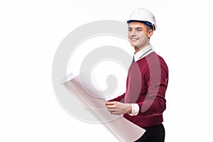 Full length of confident young bussinessman architect with blueprint on white background