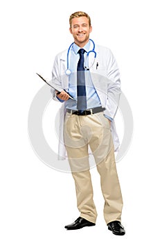 Full length of confident young doctor on white background