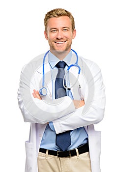 Full length of confident young doctor on white background