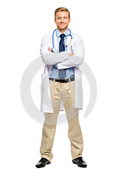 Full length of confident young doctor on white background