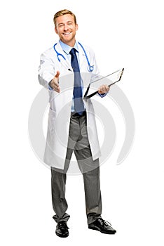 Full length of confident young doctor on white background