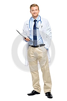 Full length of confident young doctor on white background