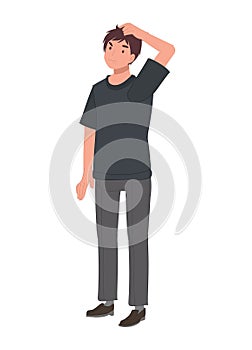 Full length of confuse Man Scratching Head.  Emotions and body language concept. Flat vector cartoon illustration