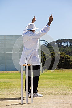 Full length of cricket umpire signalling six runs during match