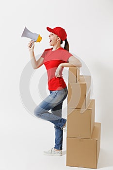 Full length of delivery fun woman in red cap, t-shirt isolated on white background. Female courier screaming in