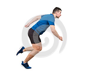 Full length of determined caucasian man athlete fast speed running isolated over white background. Young guy runner wearing black