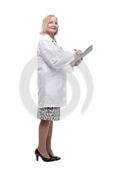 full-length. female doctor with clipboard. isolated on a white