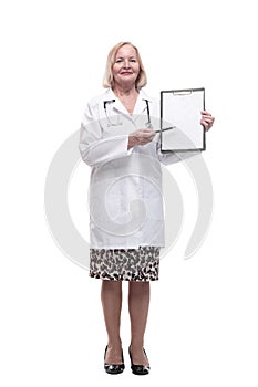 full-length. female doctor with clipboard. isolated on a white