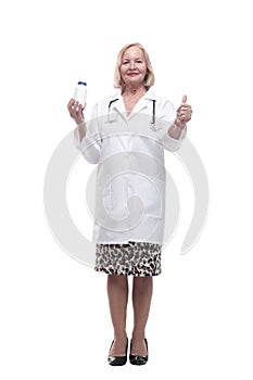 full-length. female doctor with sanitizer in hand.