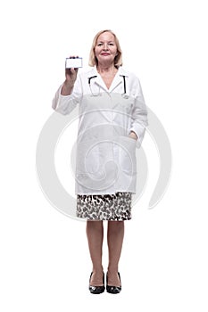 full-length. female doctor showing her visiting card.