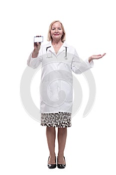 full-length. female doctor showing her visiting card.