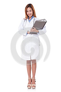 Full length of female doctor with stethoscope holding file.