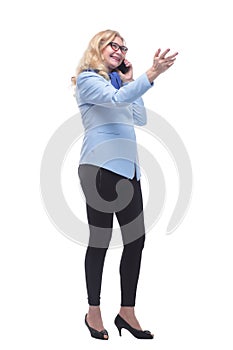 full-length. friendly casual woman with a smartphone .