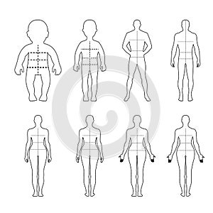 Full length front, back human outlined silhouette set