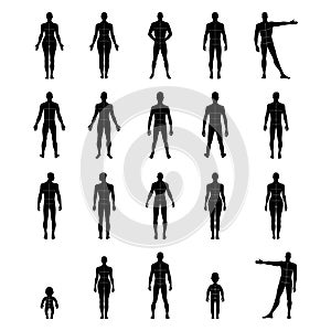 Full length front, back human silhouette set with marked body