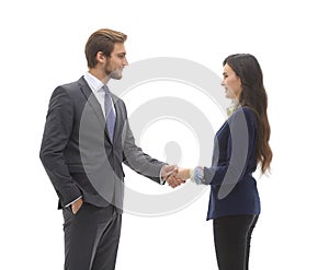 Full-length handshake, business partners, isolated on white back