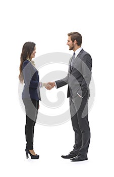 Full-length handshake, business partners, isolated on white back