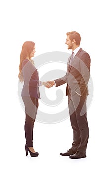 Full-length handshake, business partners, isolated on white back