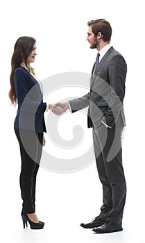 Full-length handshake, business partners, isolated on white back