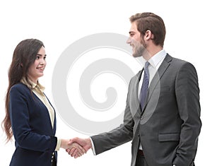 Full-length handshake, business partners, isolated on white back