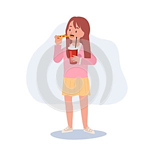 Full length of happy cute little girl eating pizza and holding a glass of soft drink in other hand. Fast food, junk food. Flat