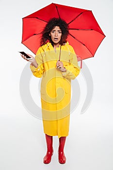Full length image of shocked african woman in raincoat