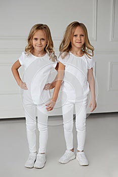 Full length image of a two twin sisters in white clothes holding hands isolated on a white background. Vertical view