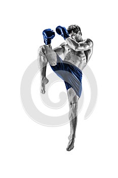 Full length of kickboxer in blue sportswear who fighting on white background. Black and white