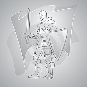 A full-length knight in armor with a sword and shield. Black and white line drawing.
