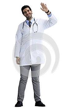 Full-length male doctor waving his hand on a White background