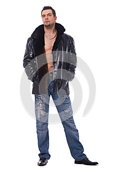 Full Length Of A Man In Leather Jacket.