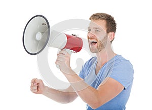 Full length of man screaming into megaphone