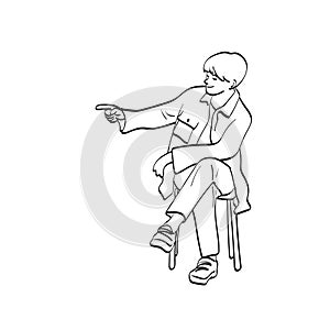 Full length of man sitting and pointing to blank space illustration vector hand drawn isolated on white background line art