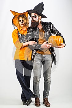 Full length man and woman wearing Halloween clothes. Trick or treat.