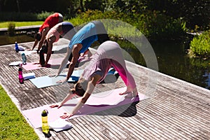 Full length of men and women practicing yoga on floorboard by pond in public park