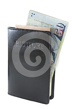 Full length Passport and singapore banknote on white background