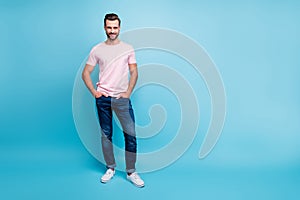 Full length photo of amazing macho guy toothy beaming smiling cool street look going outside wear casual pink t-shirt