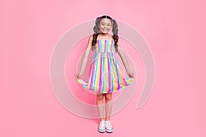 Full length photo of beautiful little pretty lady two lovely cute wavy tails good mood wear colored rainbow dress summer