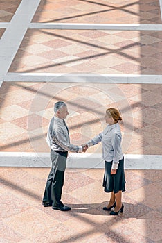 Full-length photo of businessman in business suit shaking hand of female colleague