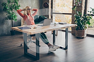 Full length photo of calm positive peaceful woman company owner attorney finish start-up work sit table relax close eyes