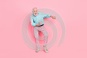 Full length photo of dynamic middle age man dance discotheque well groomed isolated pastel color background