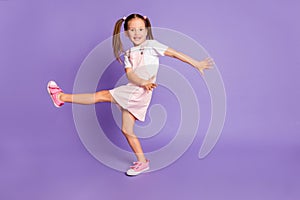 Full length photo of funky crazy girl dance cool wear pink dress white t-shirt isolated on violet color background